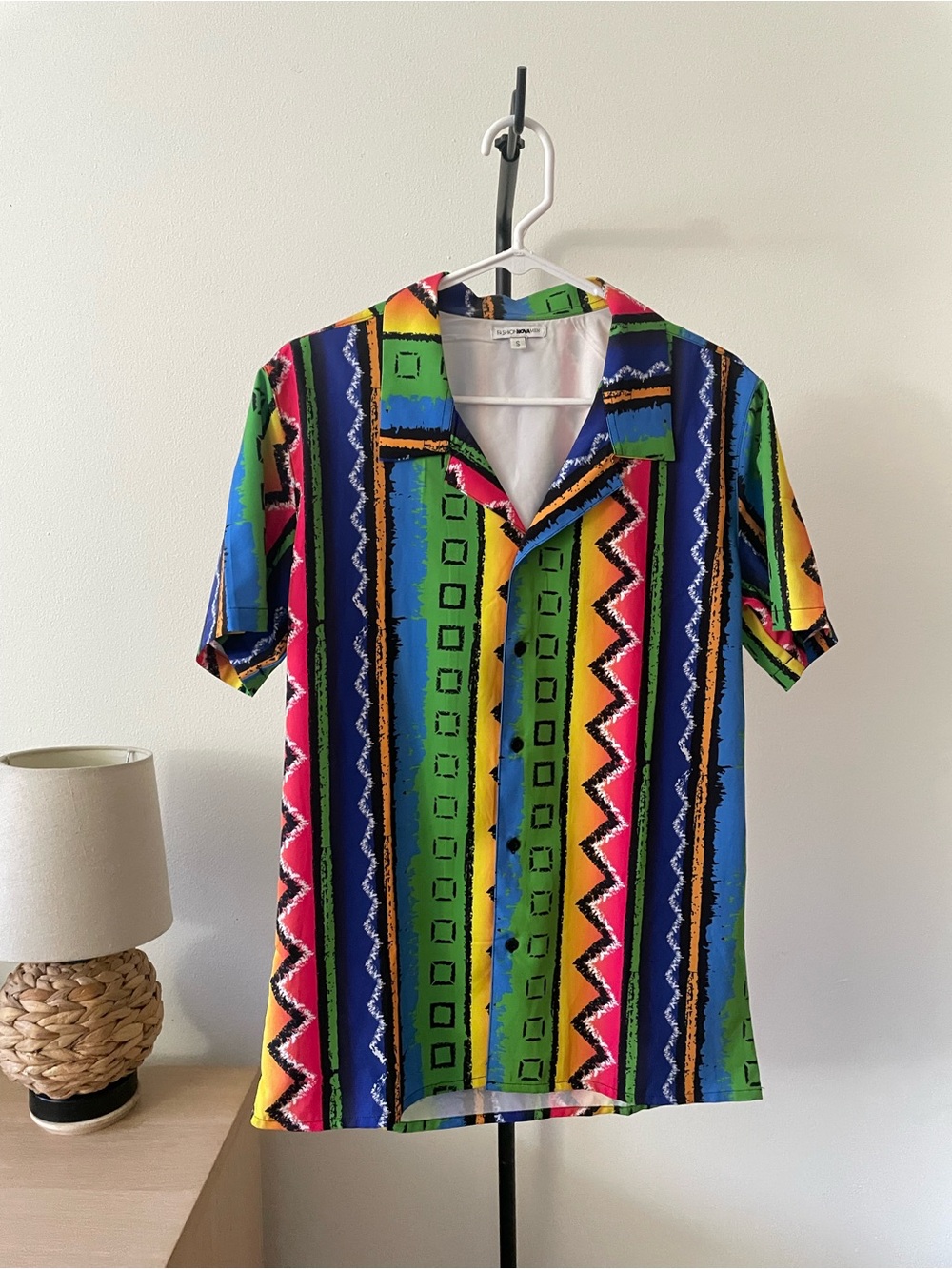 Fashion Nova Multicolor Vertical Stripe Camp Shirt - Green, Blue, Yellow, Pink